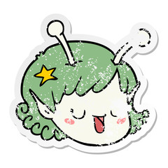 distressed sticker of a cartoon alien space girl face