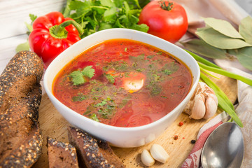 1, plate, borsch, greens, sour cream, Russian food,