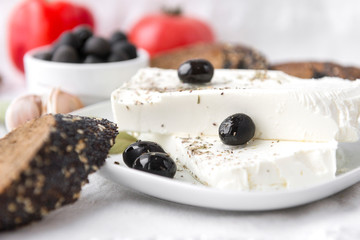 feta, Greek cheese, olives, bread, spices,