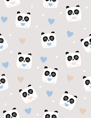 Cute Panda Bear Vector Pattern. White Pandas on a Light Gray Background. Beige and Blue Hearts Among Bears. Simple Kawaii Style Design. Lovely Infantile Nursery Art. Funny White Bears Illustration.