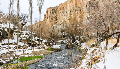 Landscape with river in gorge during winter. Ihlara Valley, Central Anatolia. Cappadocia, Turkey