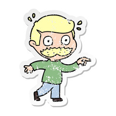 distressed sticker of a cartoon man with mustache shocked