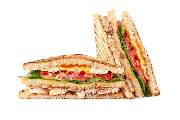 Delicious sliced club sandwich on white background
