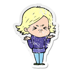 distressed sticker of a cartoon angry woman