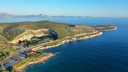 Aerial drone, bird's eye view photo from iconic lake Vouliagmeni famous for healing abilities, Athens riviera, Attica, Greece