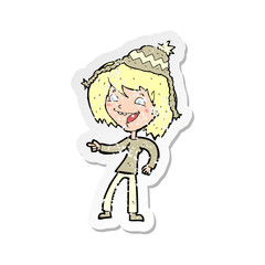 retro distressed sticker of a cartoon woman wearing hat