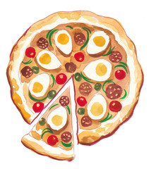 Watercolor sketch of a fresh delicious pizza