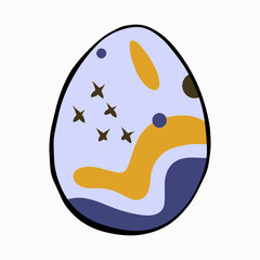 Cartoon style vector illustration of yellow, blue easter egg. Great design elements for icon, sticker, card, print, poster. Unique, fun drawing isolated on white background. Holiday concept