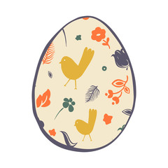 Cartoon style vector illustration of easter egg with flower, bird pattern. Great design elements for icon, sticker, card, print, poster. Unique drawing isolated on white background. Holiday concept