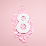 Happy womens day poster with number eight and hearts for greeting card, invitation