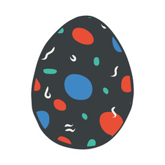 Cartoon style vector illustration of red, blue, dark grey easter egg. Great design elements for icon, sticker, card, print, poster. Unique, fun drawing isolated on white background. Holiday concept