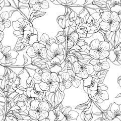 Seamless black and white jasmine floral pattern.  Background, textile, backdrop, fabric.Vector file  not cropped - clipping mask used for easy editing.