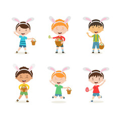 Cartoon children with bunny ears set. Spring  cute boys in easter costumes with basket and egg. Children hunting for easter eggs