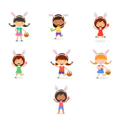 Cartoon children with bunny ears set. Spring  cute girls in easter costumes with basket and egg. Children hunting for easter eggs