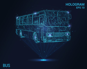 The bus is a hologram. Digital and technological background of the bus. Futuristic bus design. © newrossosh