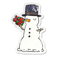distressed sticker of a cartoon snowman