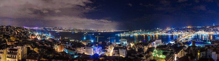Fototapeta na wymiar Panoramic view of Istanbul old part at night illuminated cityscape with many mosques, bridges and Bosphorus