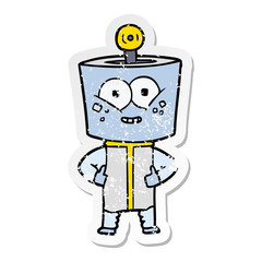 distressed sticker of a happy cartoon robot