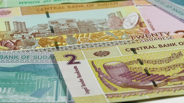 Sudan currency pound notes slow rotating. Sudanese money. Low angle. Stock video footage
