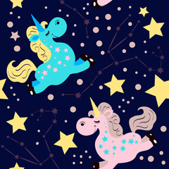 Obraz premium Cartoon style seamless pattern with two unicorns on dark