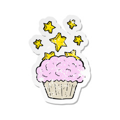 retro distressed sticker of a cartoon magical cupcake
