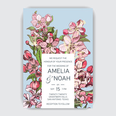Template for wedding invitation. Card vector illustration with apple blossom.