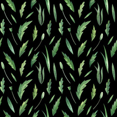 Fototapeta premium Seamless pattern with watercolor green leaves, ears, and poppy boxes.
