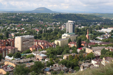 Fototapeta na wymiar Panoramic view of Pyatigorsk town from Mashuk Mountain in a summer day. Stavropol Region, Russia