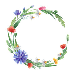 Watercolor floral wreath with meadow flowers. Isolated clipart for postcards, invitations.