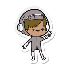 sticker of a angry cartoon space girl holding up two fingers