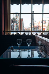 Empty glasses set in the interior of the restaurant