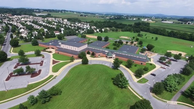 Aerial view of a High School in a residential neighborhood in Pennsylvania.