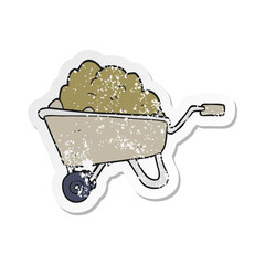 retro distressed sticker of a cartoon wheelbarrow full of dirt