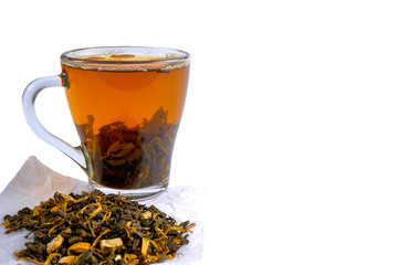 Green tea with dry flavors and in a glass cup with space for inscription