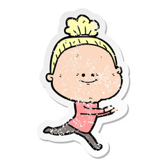 distressed sticker of a cartoon happy old woman