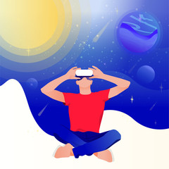 Man in virtual reality glasses on a space abstract Background. Vector illustration in modern flat style.