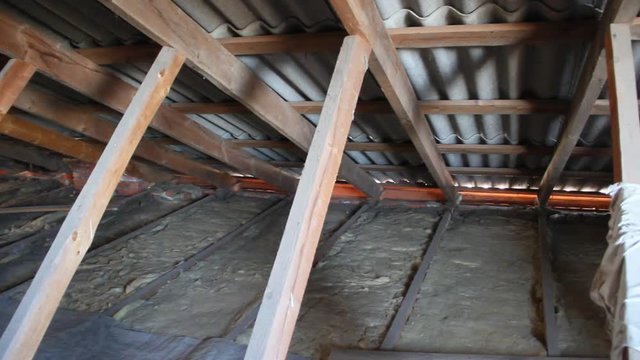 An interior view of a house attic under construction