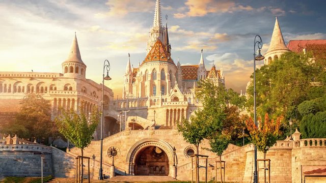 Time lapse of sunrise in front of the Fisherman's Bastion in Budapest, Hungary.