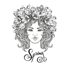 Black and white girl decorative hairstyle with flowers, leaves in hair in doodle style. Nature, ornate, floral illustration and hand sketched lettering Hallo summer. Zentangle hand drawn coloring book