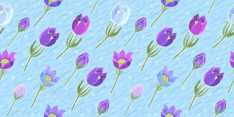 seamless pattern with hand-drawn anemones on blue background