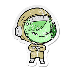 distressed sticker of a cartoon astronaut woman