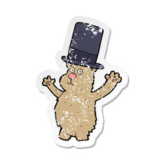 retro distressed sticker of a cartoon bear in top hat