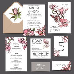Vector invitation for the wedding. Card with magnolia flowers.