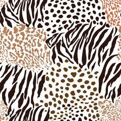 Mix animal skin prints, tiger, leopard, jaguar seamless pattern. Vector design.