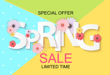 Spring Sale Cute Background with Colorful Flower Elements. Vector Illustration
