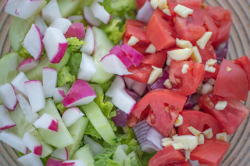 Chopped Tomatoes, radishes, red onions, garlics and lettuce  inside a bowl, close up