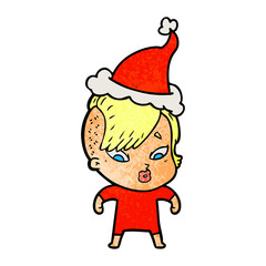 textured cartoon of a surprised girl wearing santa hat