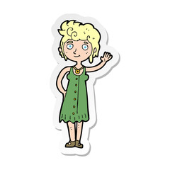 sticker of a cartoon hippie woman waving