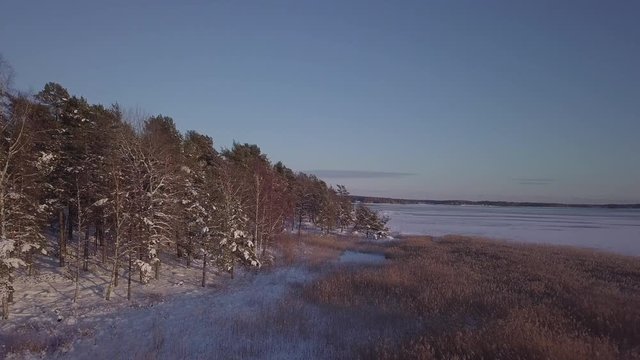 Flying over a frozen lake while descending towards shore.