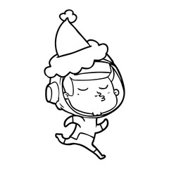 line drawing of a confident astronaut wearing santa hat